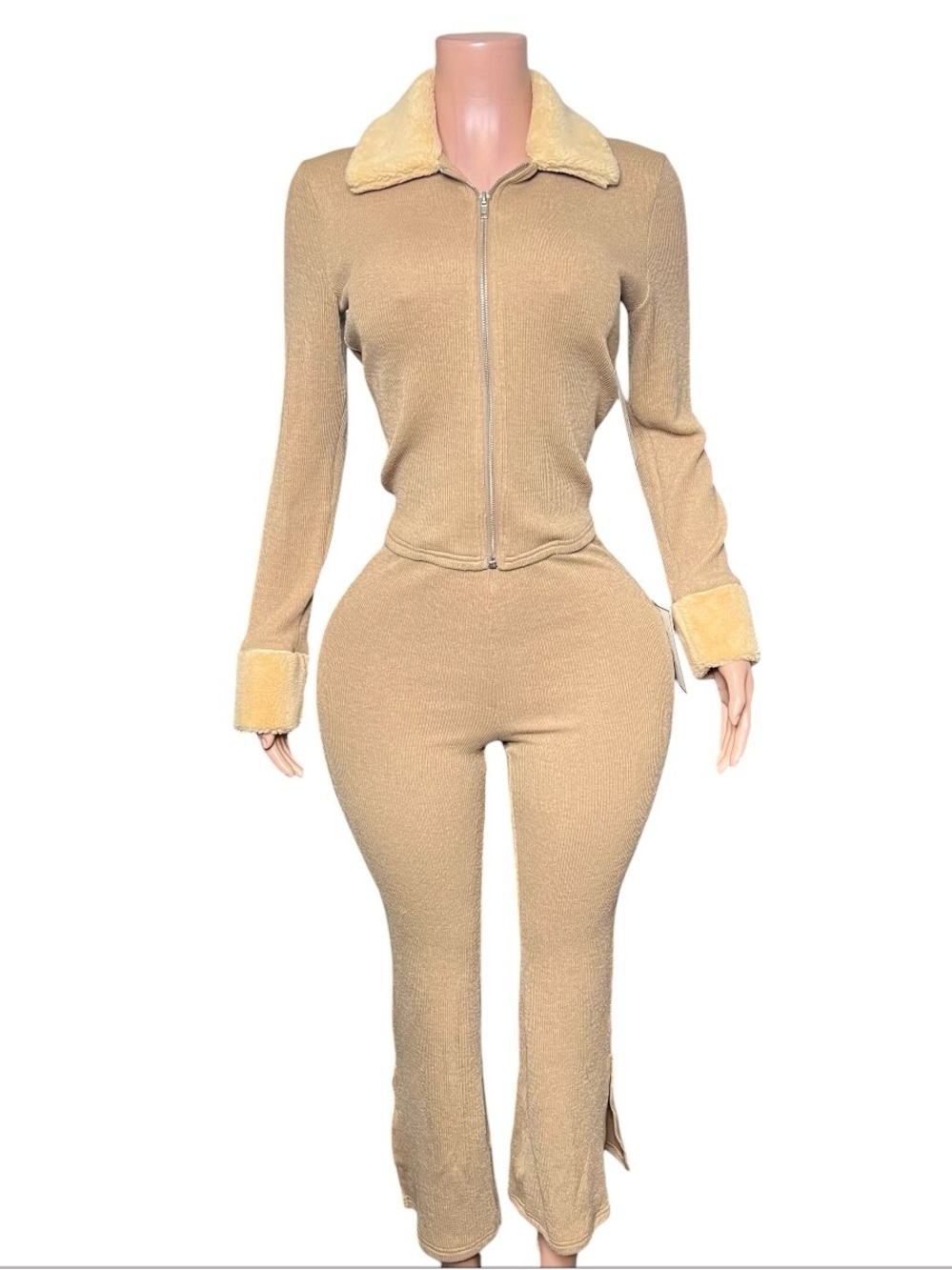 Beige Zip-Front Two-Piece Pantsuit with Faux Fur Trim